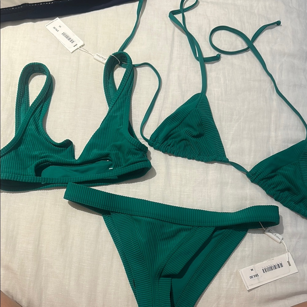 Frankie's Bikinis Emerald Green Ribbed Triangle & Bralette Bikini Set